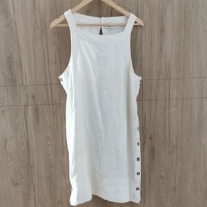 White Sleeveless Linen Mini Dress with‎ Side Buttons